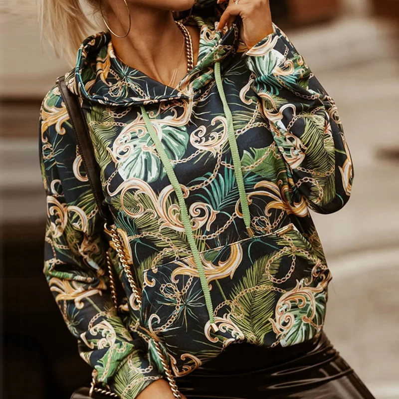 

Элегантный женский свободный пуловер с принтом в стиле пэчворк, топы, Осенний свитшот с длинным рукавом и капюшоном, женская модная повседн...