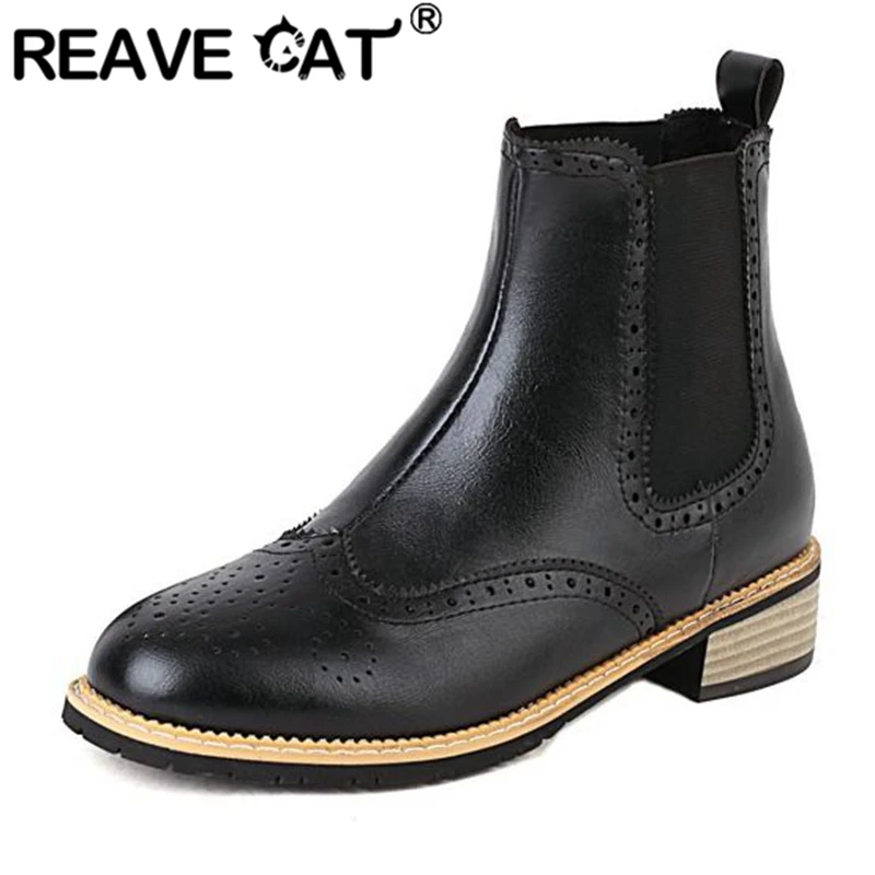 

REAVE CAT 2021 Ankle Boots Lady Pointed Toe Low Heels Slip on Cut-Outs Large Size 32-47 Black Beige Brown Concise Winter S2699