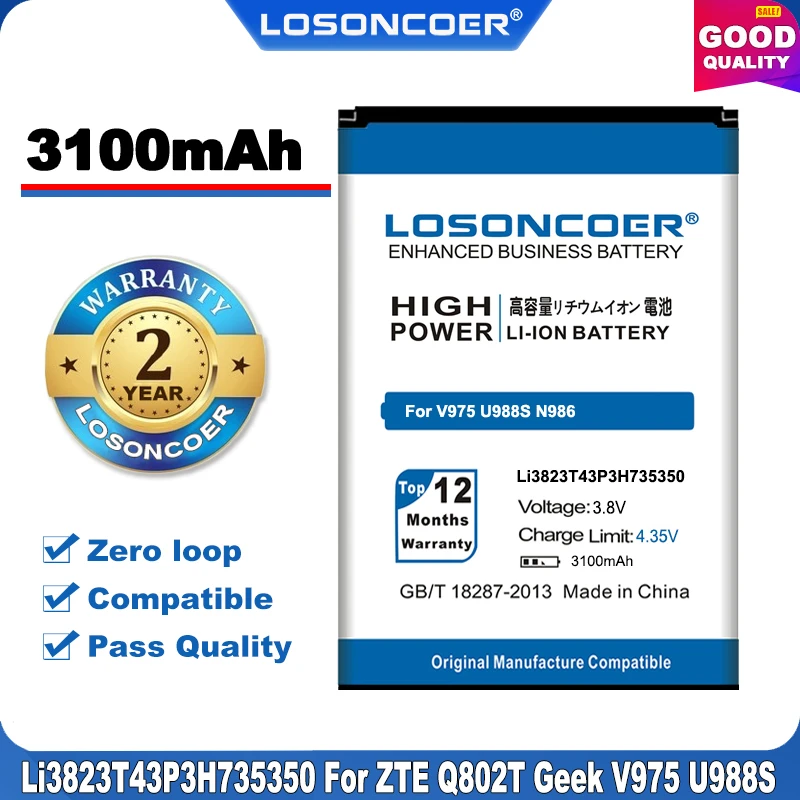 100% Оригинальный LOSONCOER 3100 мАч Li3823T43P3h735350 для ZTE Q802T Geek U988S N976 N986 V975 V976 сменный литий