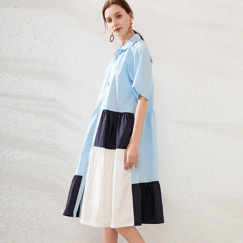

Fat mm summer new plus size women's loose and thin contrast color stitching lapel shirt skirt women