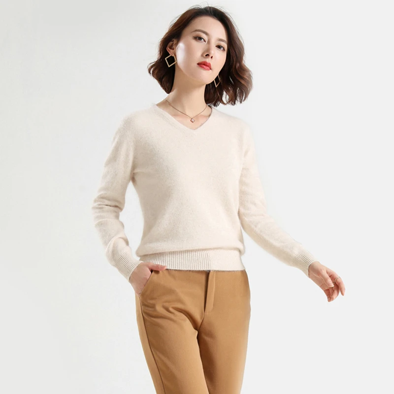 Осень-зима 2019 модный бархатный свитер Женский пуловер с V-образным вырезом