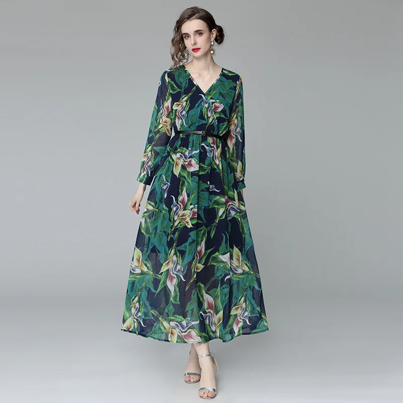 

foreacha women's holiday chiffon dress V-neck shirt sleeve mid-waist beach long skirt dark green printed dress Moda feminina