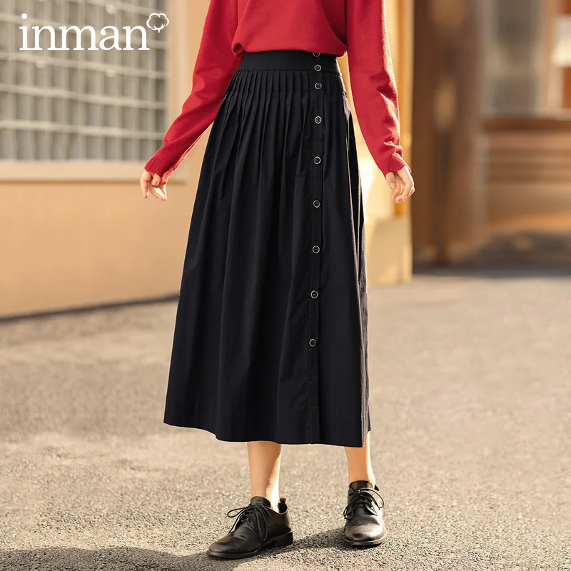 INMAN Spring Autumn Elastic Waist Decorative Button Pendant Pleats  Literary Skirt