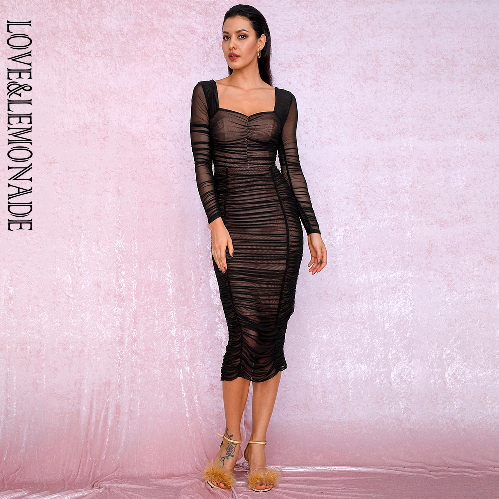 Женское вечернее платье LOVE & LEMONADE черное облегающее Сетчатое с квадратным