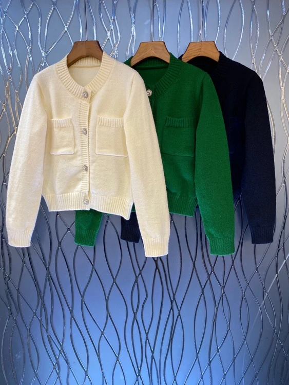 

2021 new women fashion round neck symmetrical pocket decoration solid color long-sleeved all-match blouse sweater 1021