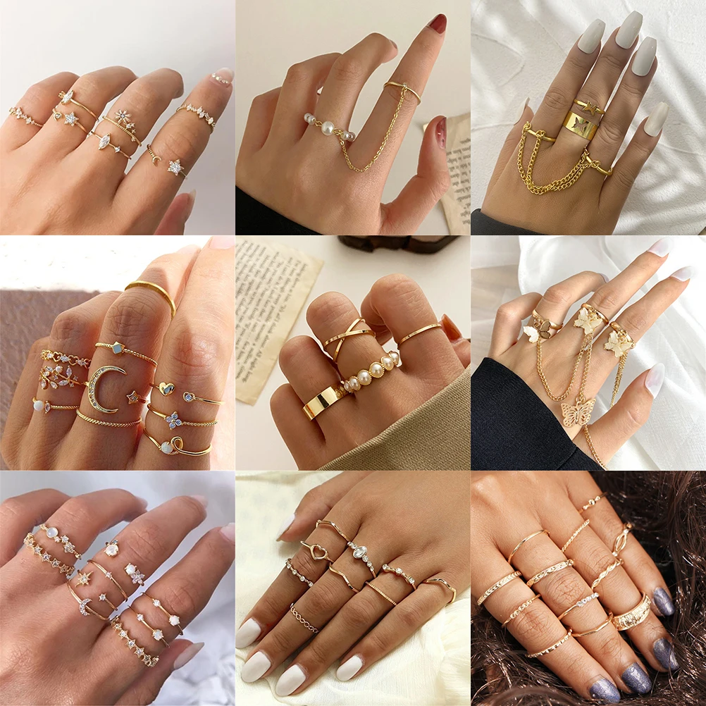 

New Trendy Bohemian Pearl Gold Women's Rings Vintage Alloy Gothic Finger Ring Set for Women Personality Girl Party Jewelry Gifts