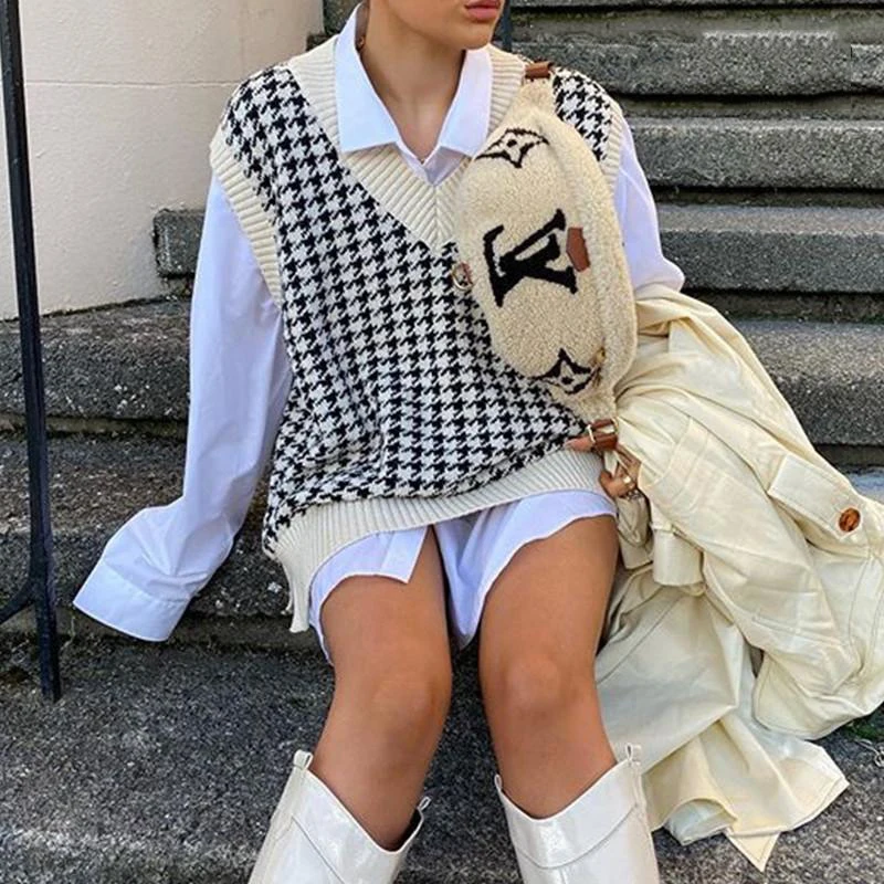 

2020 mulheres houndstooth colete camisola casual com decote em v sem mangas outono inverno jumper de malha estilo coreano pulve