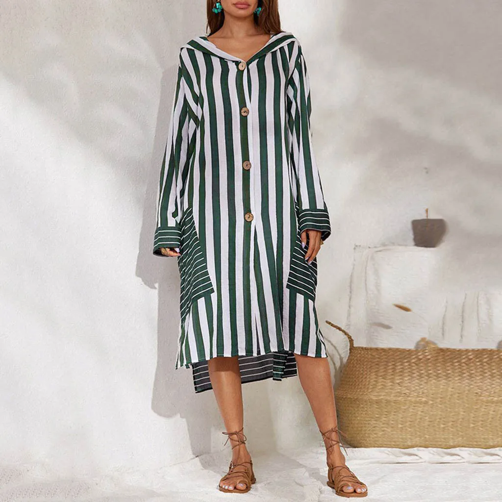 Полосатая свободная пляжная повседневная юбка с v-образным вырезом платье