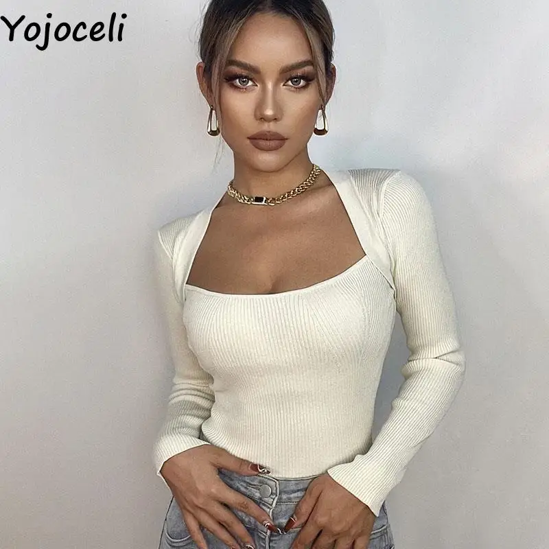 

Yojoceli, винтажный женский джемпер с квадратным вырезом, Осенний базовый сексуальный облегающий теплый базовый вязаный Топ