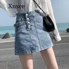 Синяя, черная, состаренная джинсовая юбка большого размера для девушек, джинсовая мини-юбка в Корейском стиле на пуговицах, Женская трапециевидная юбка xxl