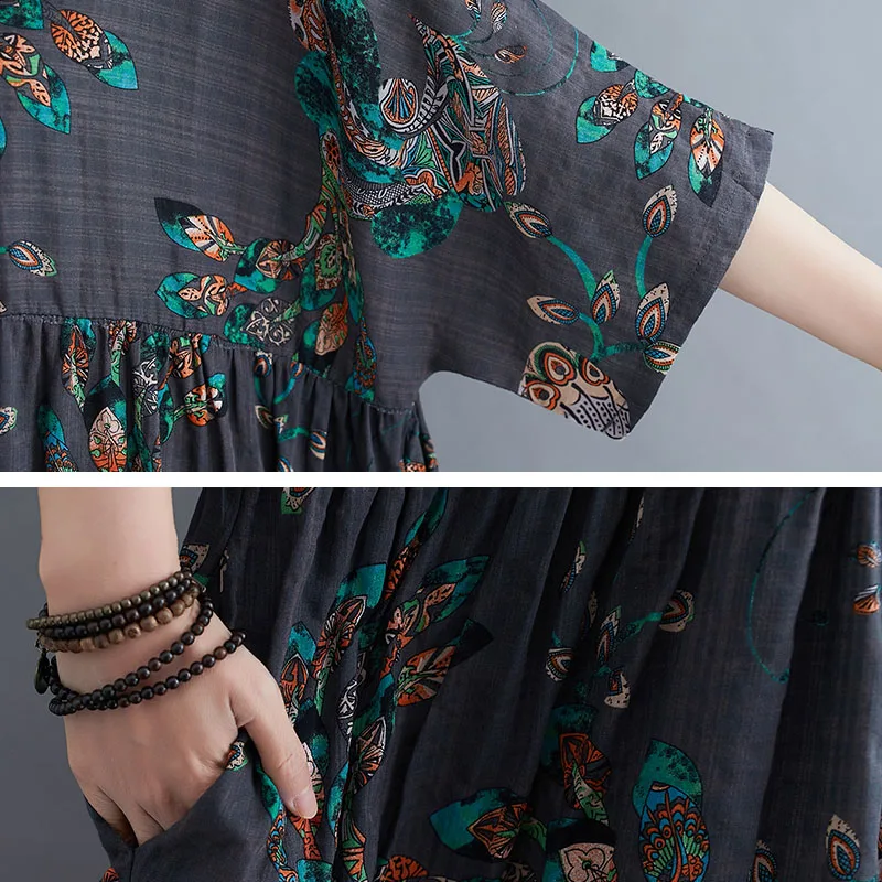 

2021 New Summer Dress Women Sundress Plus Size 4XL 5XL 6XL Cotton Linen Dress Robe Female Floral Printed Maxi Long Dress Vestido