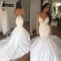 myyble arabian bridal dresses appliques long train mermaid robe de mairee custom sheer neckline wedding gown beige wedding gowns