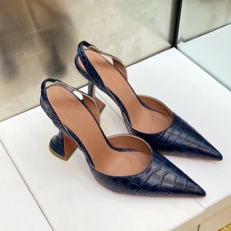 

2022 New Fairy Style High Heels Women's Crocodile Pointed Toe Wine Glass Heel Side Empty Back Strap Sandals Women