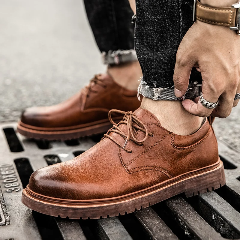 

Men's Genuine Leather Shoes 39-45 Head Leather Soft Anti-slip Rubber Loafers Shoes Man Casual Lace Up Real Leather Shoes