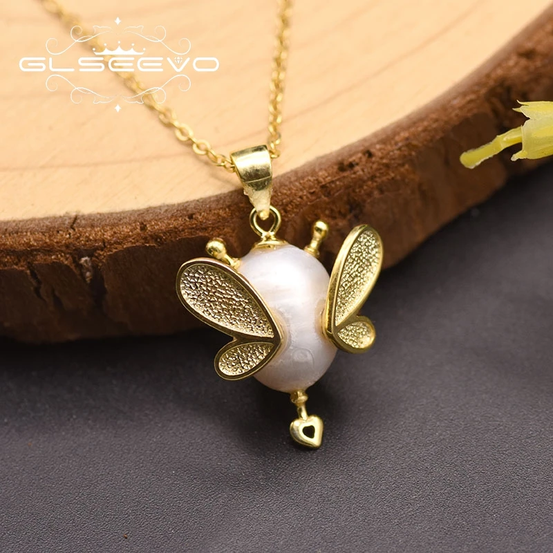 Оригинальный дизайн подвеска GLSEEVO из натурального белого жемчуга в виде пчелы