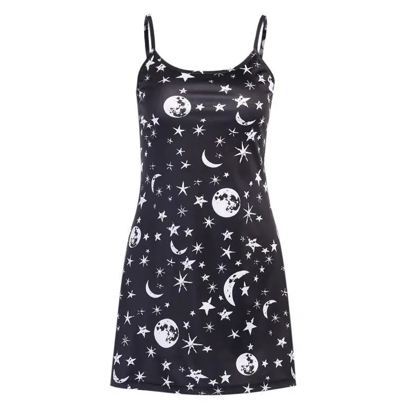 

2021 new sexy suspender dress star print cool high waist slim backless black dress