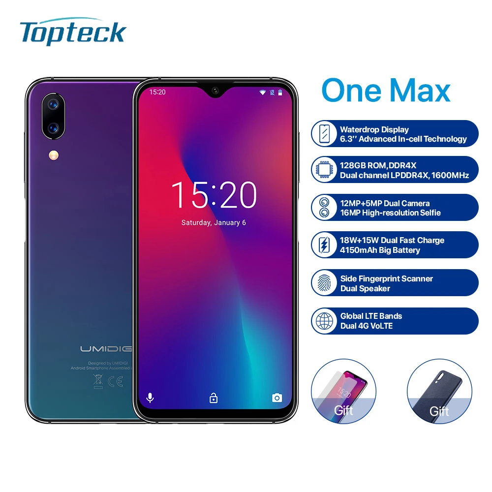 Мобильный телефон UMIDIGI One Max 4 ГБ 128 ГБ 6,3 дюйма Helio P23 Восьмиядерный Android 8,1 16MP+ 12MP 4150 мАч NFC Face ID 4G смартфон