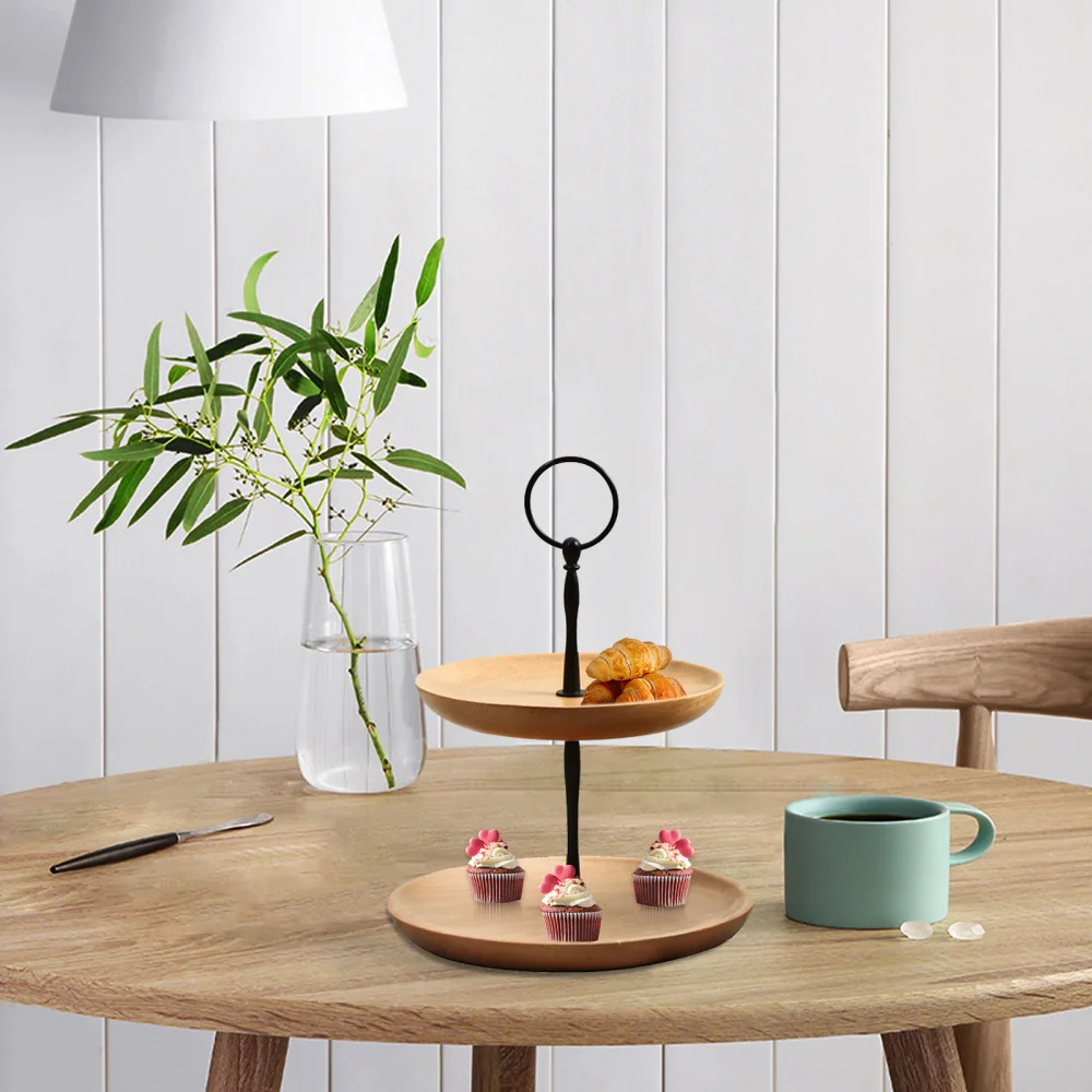 

Fruit Storage Macaron Plates Snack Tray Wood Cake Stand Double Layer European Style Snacks Dessert For Living Room Iron Frame