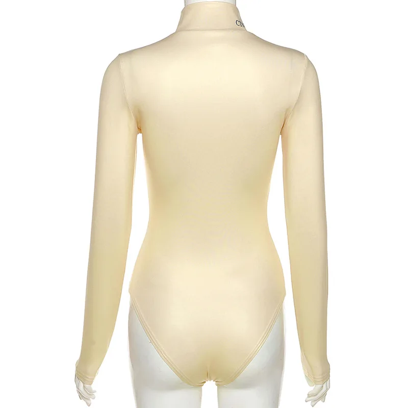 

SMDPPWDBB 2021 Spring Fashion Print Zipper Long Sleeve Turtleneck Bodysuit Women Casual Skinny Stretch Khaki Bodysuit Ladies