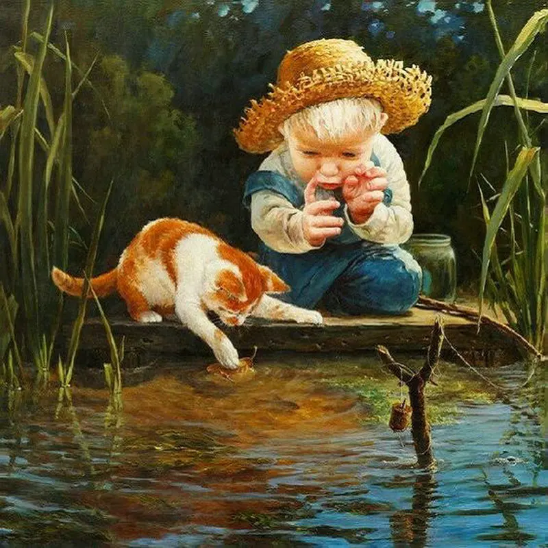 

DIY Diamond Painting Cross Stitch Fishing boy cat Needleworks 5D Diamond Embroidery sale Full Diamond Mosaic Decorative painting
