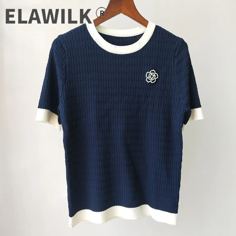 

Europe Style Summer Women's Elegant pearls flower Knitted T-shirts Top B156