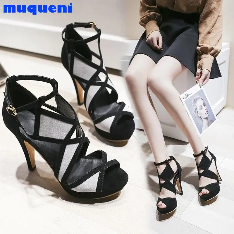 

Size 35-42 Hot Sandalia Feminina Summer Gladiator High Heels Peep Toe Sandals Casual Shoes Woman Waterproof Platform Sexy MUQUEN