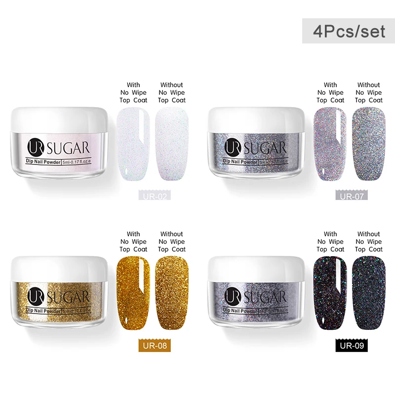 4pcs set4 UR SUGAR 6 шт. голографическая пудра для ногтей набор градиентных лазерных сахаров Dip лак для ногтей порошок пигмент украшения для ногтей - Цвет: 4pcs set4