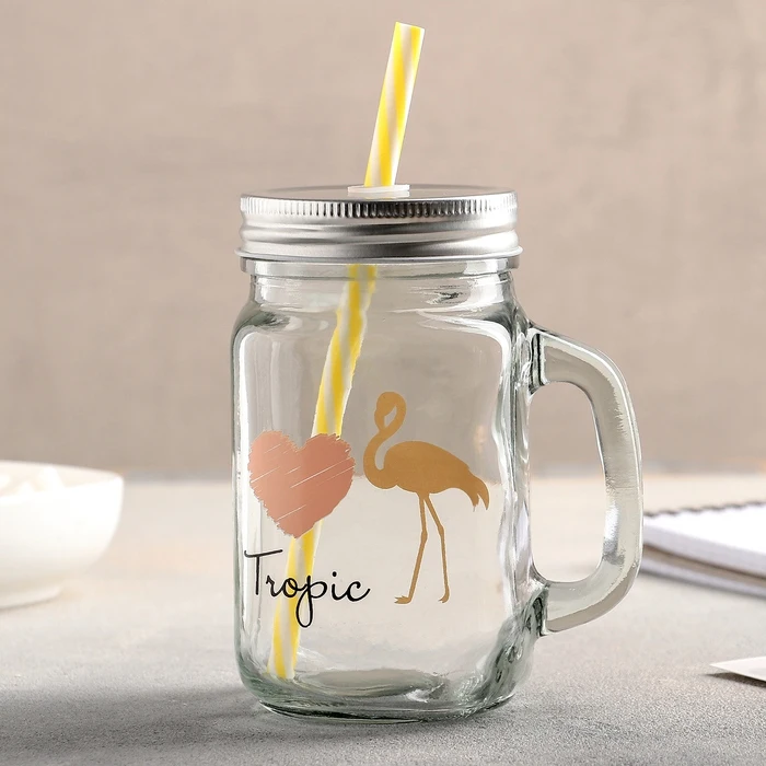 Банка с ручкой крышкой и трубочкой 450 мл &quotЗолотой фламинго&quot|Стакан| |