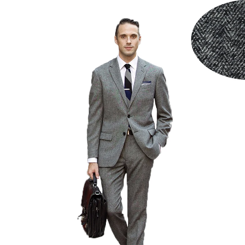 2020 New Arrival   Autumn Winter Gray Tweed Business Man Suit 2 Piece Slim Fit Groom Tuxedos Mens Wedding Suits(Jacket+Pants）