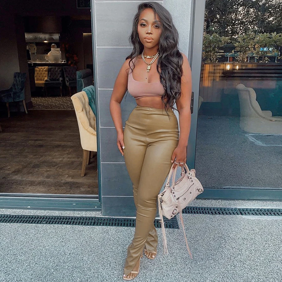 

Yiallen Solid Women Faux Leather Pant Side Slit Pencil Trousers Streetwear Elegant High Waist Office Lady Vintage Leisure Pants