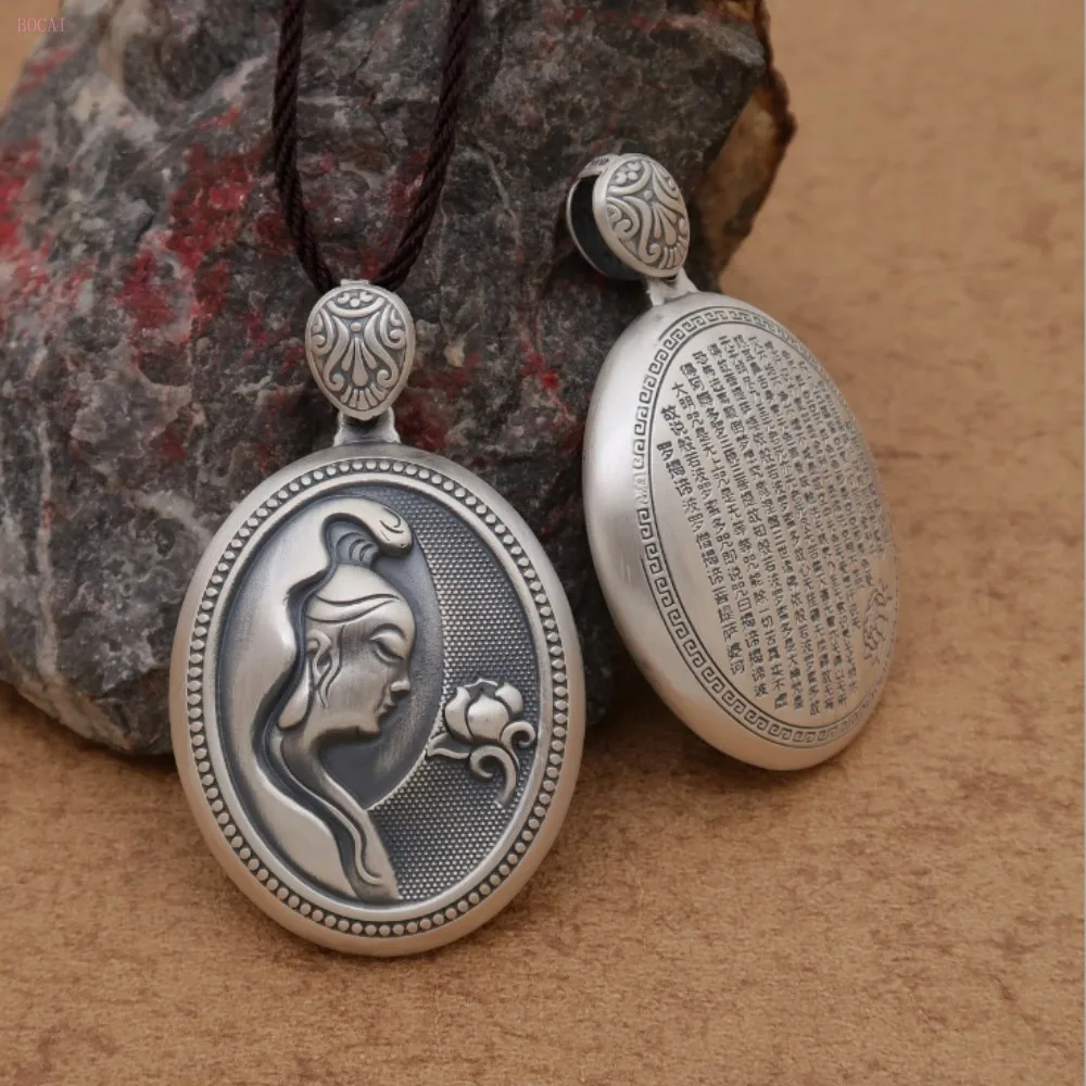 

S999 Pure Silver Men And Women's Pendant Buddism Godness Guanyin Lotus Flower Bodhisattva Oval Pendant Silver For Men And Women