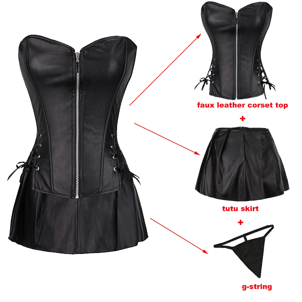 S-6XL Plus Size Gothic Faux Leather Corset Dress Zipper PU Steampunk Sexy Lace Up Overbust Burlesque Bustier | Женская одежда