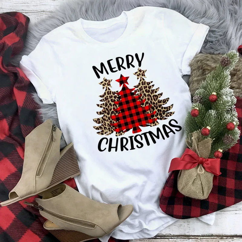 

Футболка с надписью Merry Christmas, женская модная футболка, леопардовая клетчатая футболка с новогодней елкой, рождественские футболки, топы, гр...