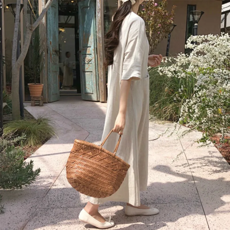 Женское винтажное платье с карманами Длинное свободное из хлопка и льна прямое