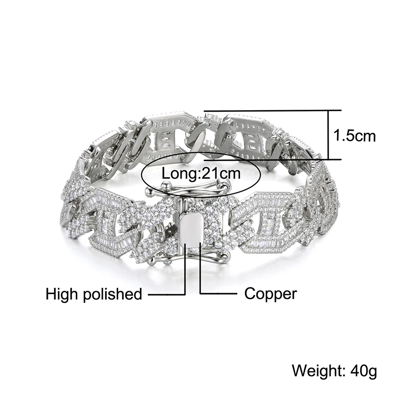 Hip Hop 15MM Heavy Miami Baguette Zircon Iced Out Cuban Link Necklace AAA CZ Prong Setting Necklaces Hip Hop Jewelry 18'' 24''