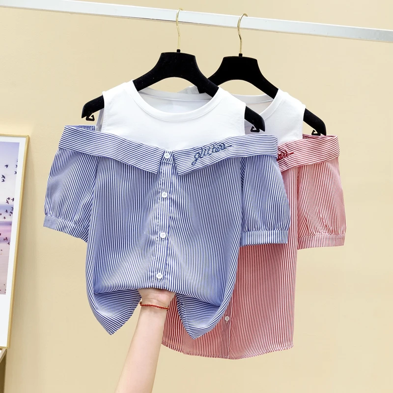 

Fashion Women Short Sleeve Blouses Sexy Splice Off Shoulder Letter embroidery Shirts Fake Two Pieces Femme Stripe Shirt Tops
