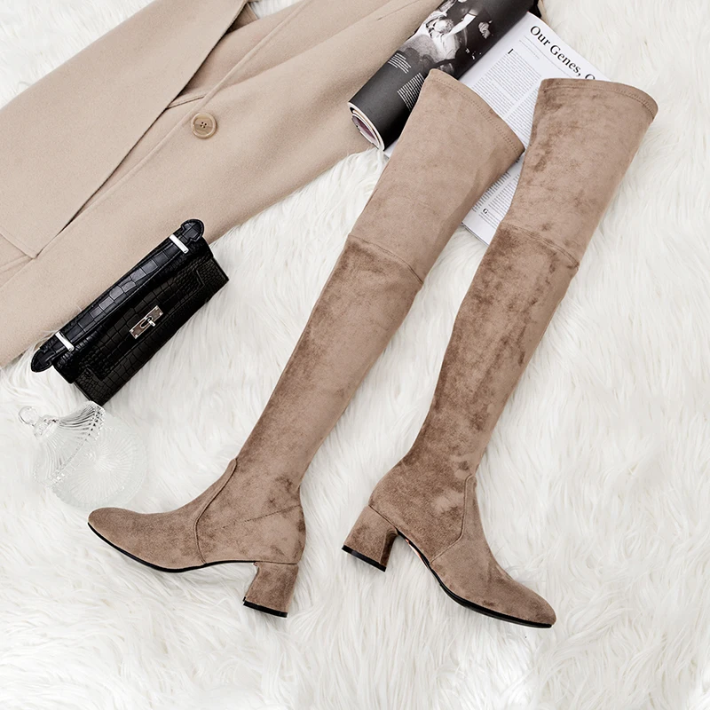 khaki suede 5.5cm Женские сапоги из натуральной кожи модные эластичные сапоги ручной работы 22-26 см кожаные сапоги выше колена из овечьей замши и коровьей кожи - Цвет: khaki suede 5.5cm