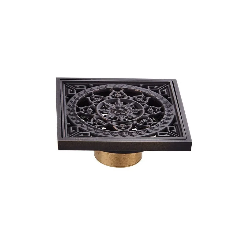 

Drain 10cm Square Black Brass Shower Drain Strainer Floor Cover Art Carved Balcony Bathroom bath Accessories Grate Waste WJ714