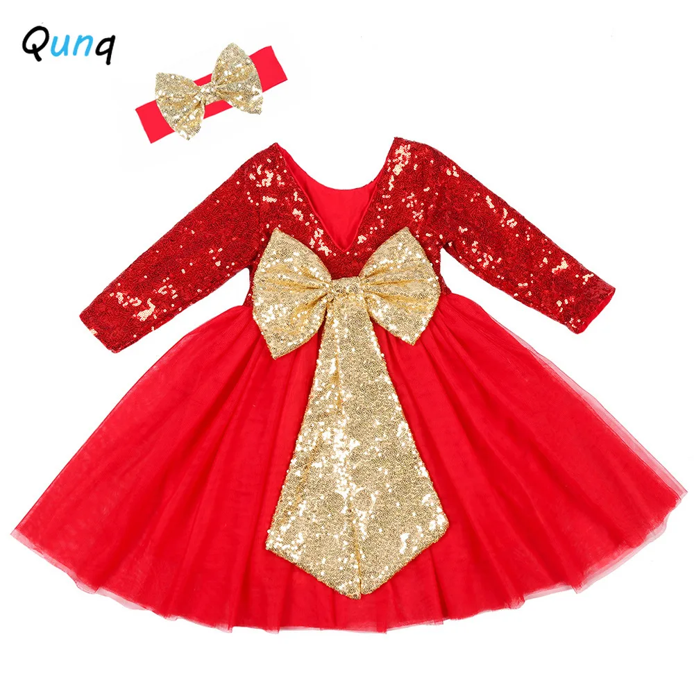 

Qunq Girls Sparkle Dress Long Sleeve Children Princess Wedding Birthday Party Costume Backless Bow Kids Clothes with Headband