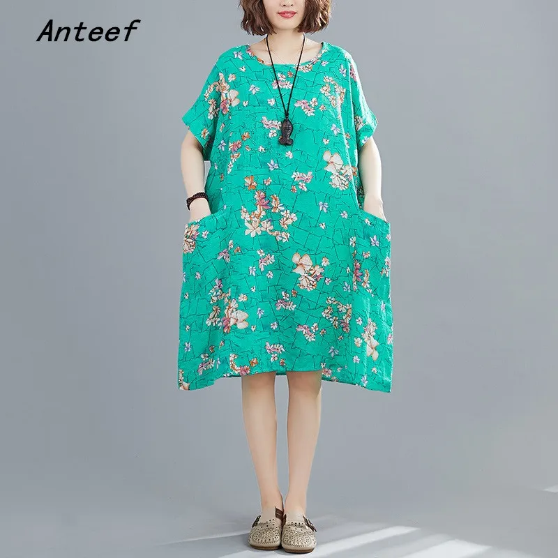 

short sleeve oversized cotton linen vintage floral dresses for women casual loose midi woman summer dress elegant clothes 2022