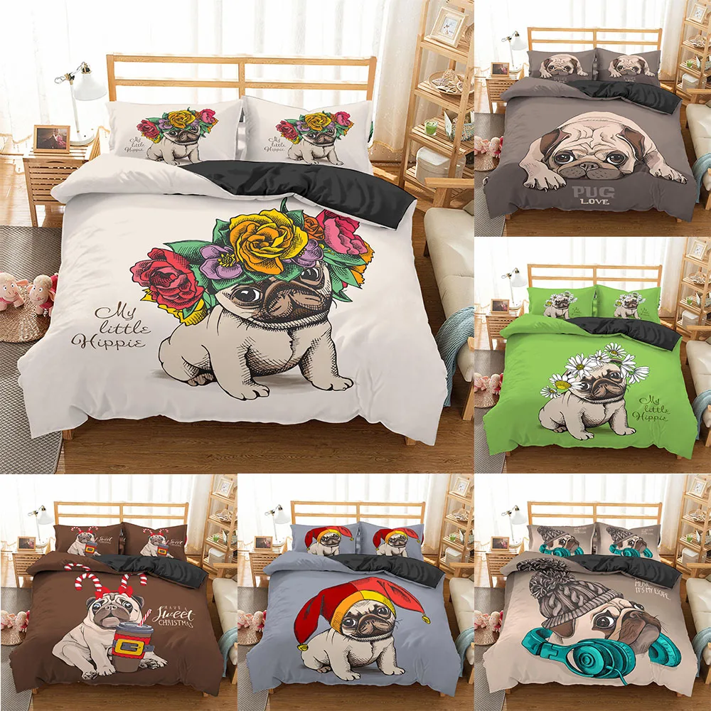 

New Puppy Pug Bedding Set 2/3 pcs 2020 Cute Pug Dog Duvet Cover Lovely Pattern Quilt Cover and Pillowcase Bed Linen