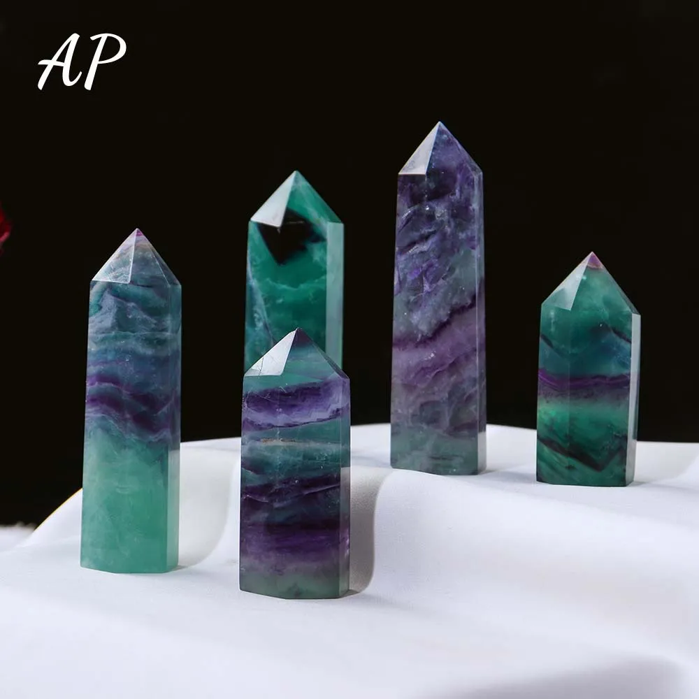 

1Pc Natural Crystal Rainbow Fluorite Point Colorful Stripes Gem Column Energy Quartz Tower Decoration