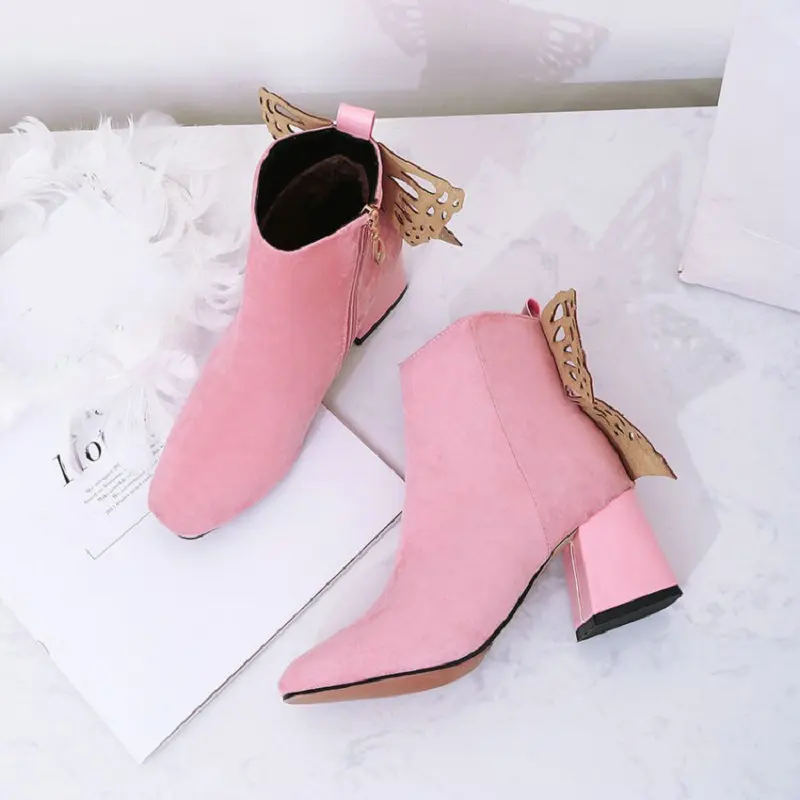 

winter women ankle boots zipper shoes chunky pointed toe boots short boots warm fashion shoes square high heels butterfly plus