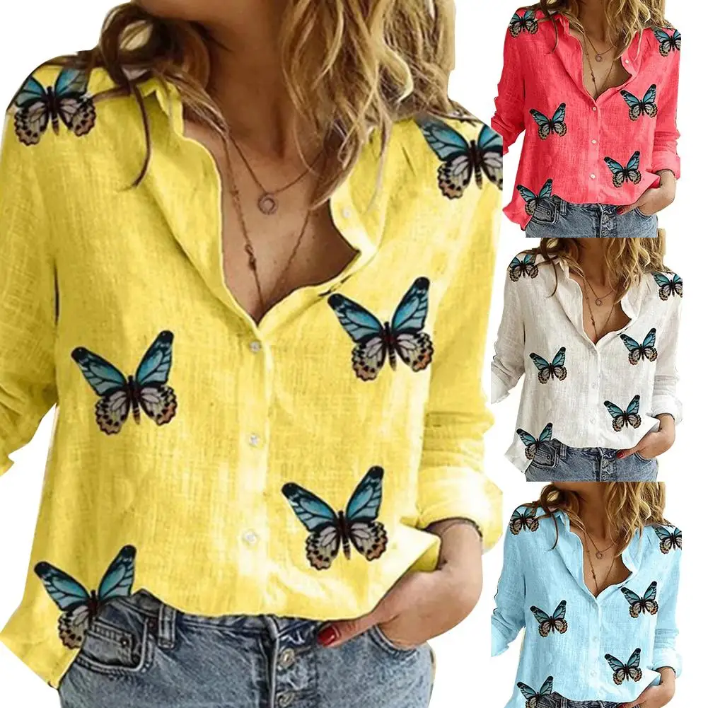 

Women Blouses Women Casual Long Sleeve Butterflies Print Single-breasted Office Shirt Blouse Elegant Work Wear Chiffon Shirts