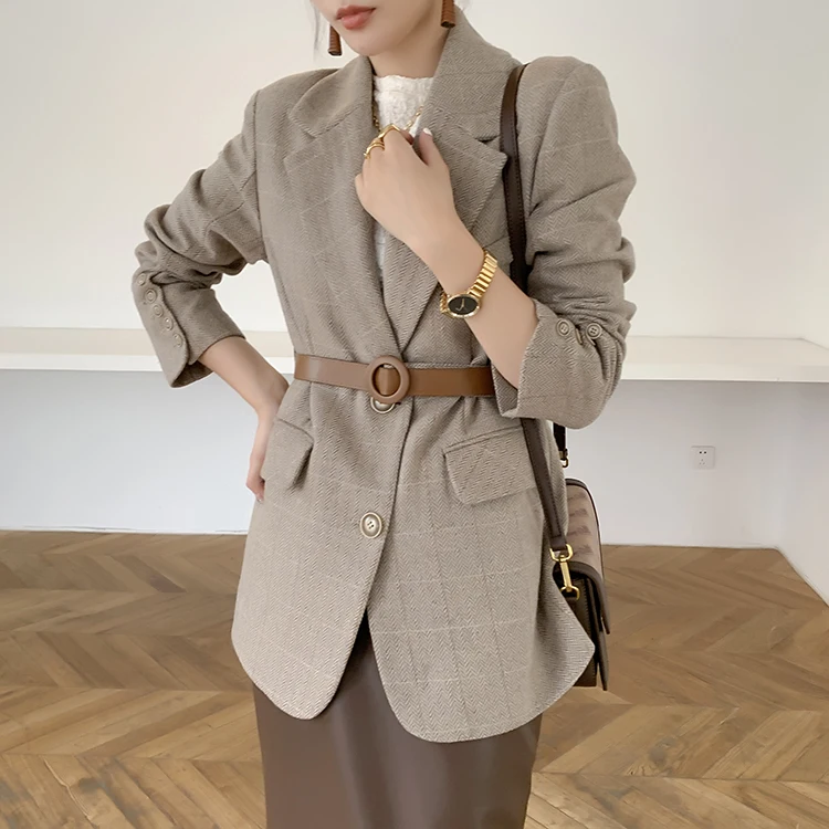 

Women Plaid Blazers 2020 Autumn Winter New Ladies Vintage Work Wear Tops Belted Casual Camel Suit Jacket