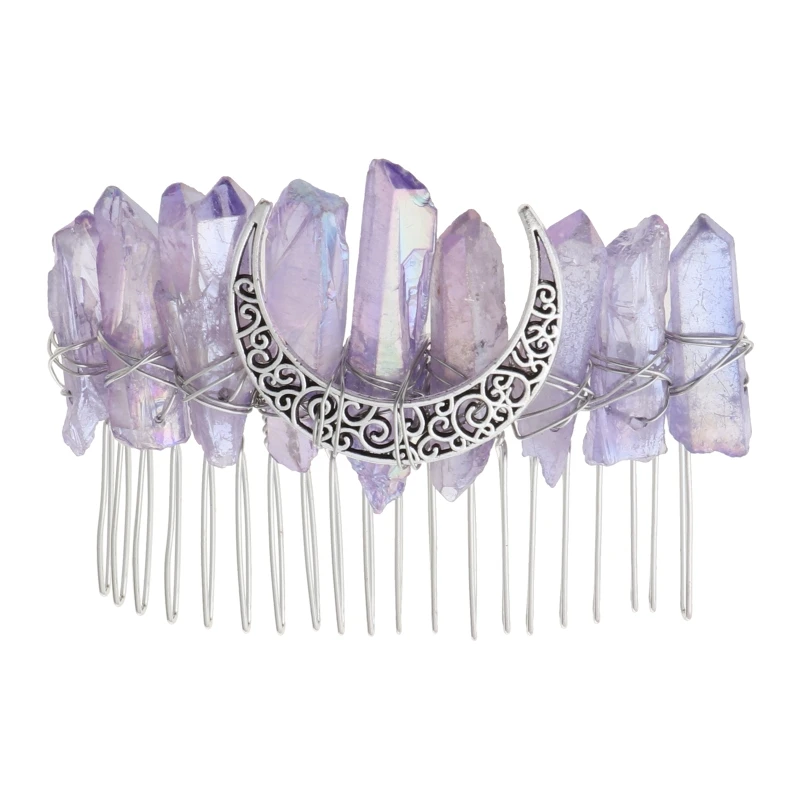 

Gradient Rainbow Faux Raw Crystal Hair Comb Angel Aura Bridal Wedding Hairpin Jewelry Alloy Moon Boho Tiara Crown Stick