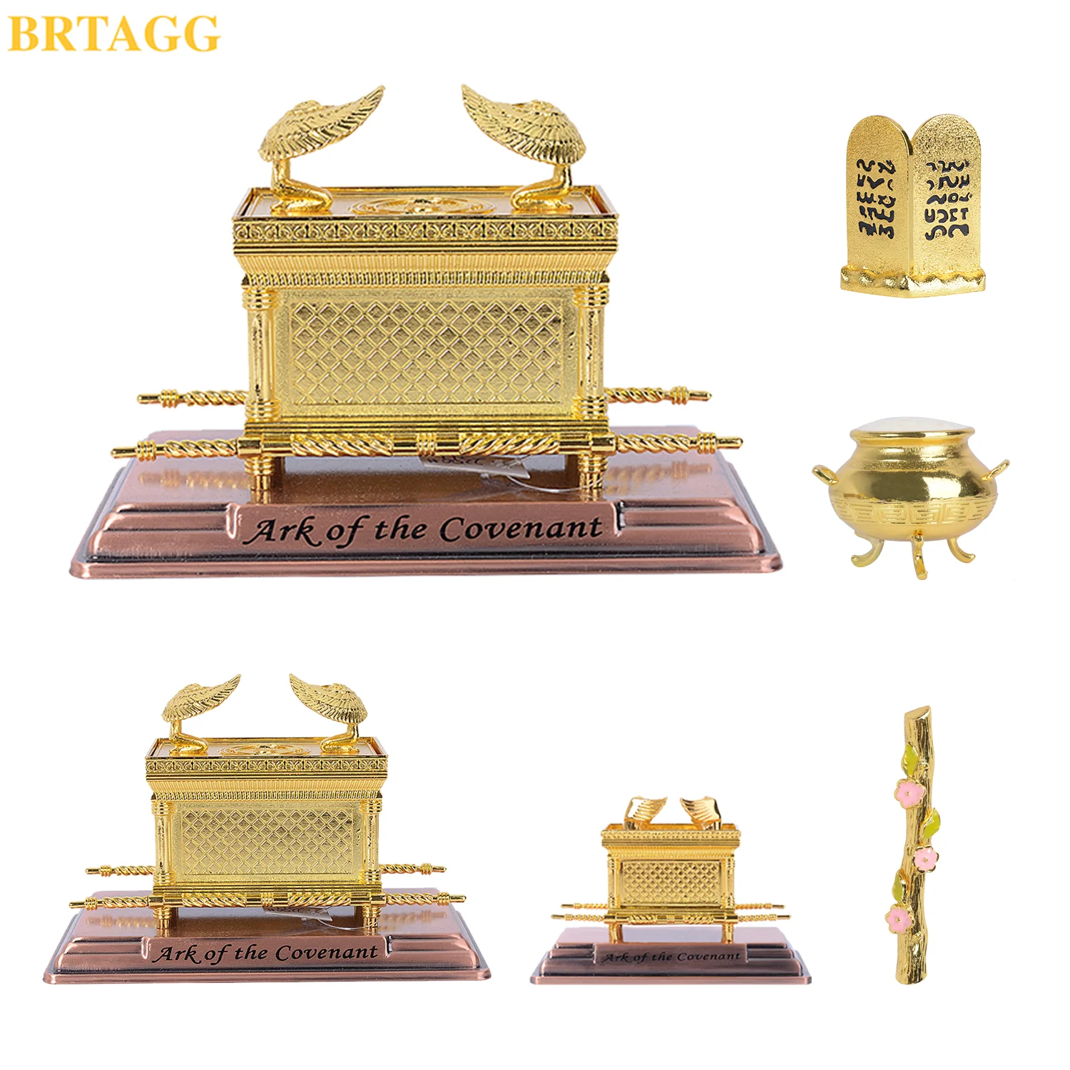 BRTAGG - Estatua del Arca de la Alianza chapada en Oro con Contenido de Arca - Vara de Aar&oacute;n / Vasija de man&aacute; / Piedra de Diez mandos (S,M,L)-0