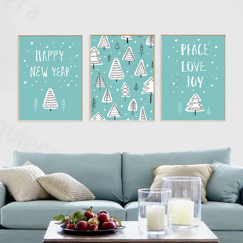Рождественская Скандинавская мультяшная елка холст живопись сине-белый