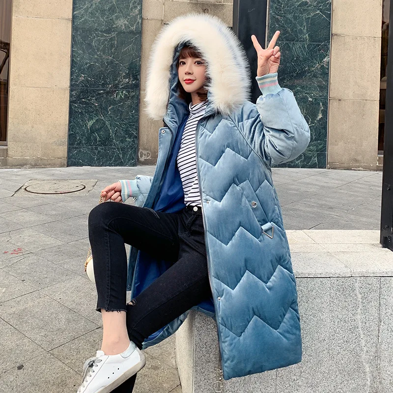 Женское зимнее пальто с воротником из искусственного лисьего меха бархатная