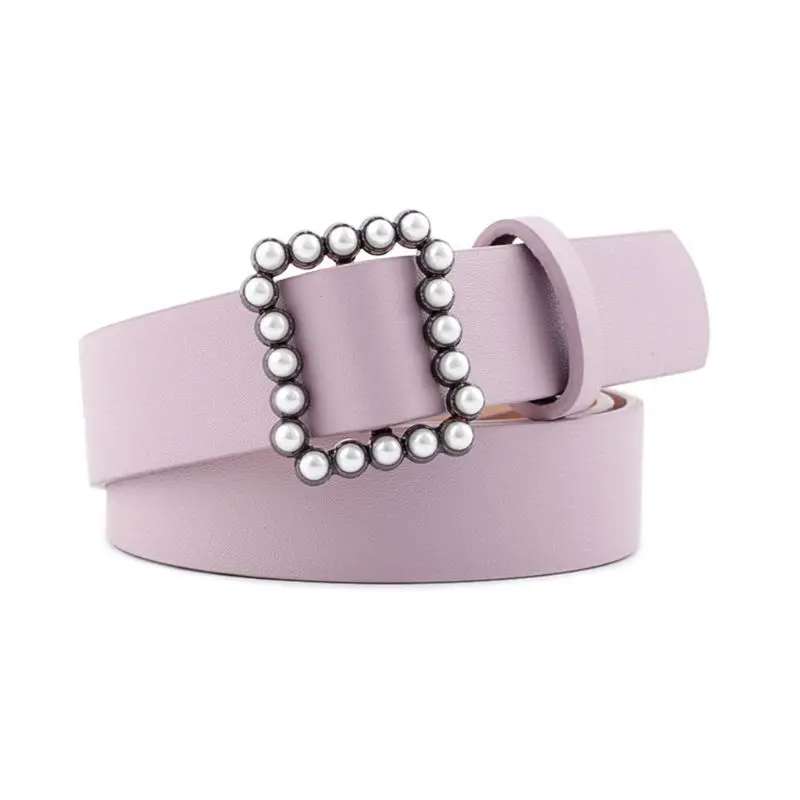 

Fashion Wild Women Belt Square Buckle Inlaid Artificial Pearl Decorative Tide Solid Color Waistband